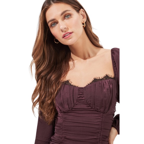 Lace Trimmed Ruched Mini Dress - Eggplant - Picture 3 of 12